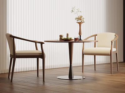 Round Negotiation Table with Two Upholstered Chairs in Minimalist Room Wooden Floor and Decorative Vase 3d model