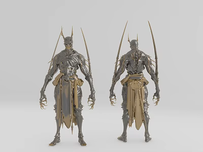 Intricate Metal Humanoid Sculpture With Spiked Back And Detailed Armor Art Design 3d model