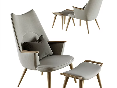 Comfortable Modern Lounge Chair With Light Gray Fabric Plush Cushion Wooden Legs And Ottoman 3d model