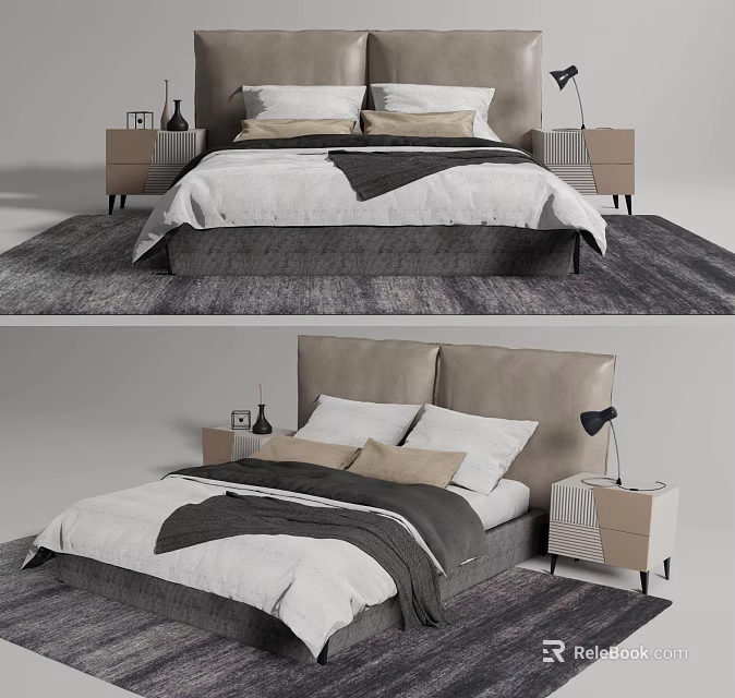Modern Double Bed Interior With Upholstered Headboard Nightstands And Bedding 3d model