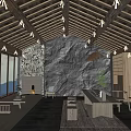 Rustic Teahouse Interior With Wooden Roof Beams Stone Wall Fireplace Shoji Windows And Tea Table