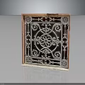 Traditional Iron Decorative Grille With Intricate Filigree Symmetrical Floral Patterns And Wooden Frame