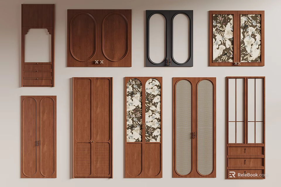 Wooden Wardrobe Doors In Multiple Styles With Glass Panels And Patterned Designs 3d model 