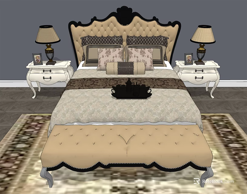 Elegant Double Bed with Tufted Headboard Bedside Tables Lamps and Decorative Pillows 3d model 