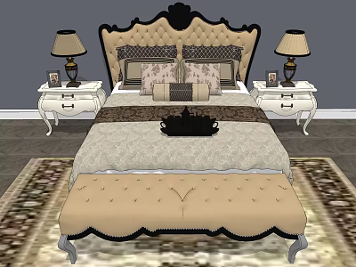 Elegant Double Bed with Tufted Headboard Bedside Tables Lamps and Decorative Pillows 3d model