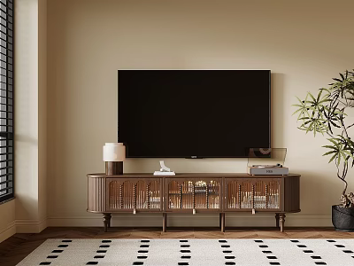Wooden TV Stand with Glass Doors Flat Screen TV Table Lamp Books and Potted Plant 3d model