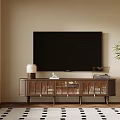 Wooden TV Stand with Glass Doors Flat Screen TV Table Lamp Books and Potted Plant