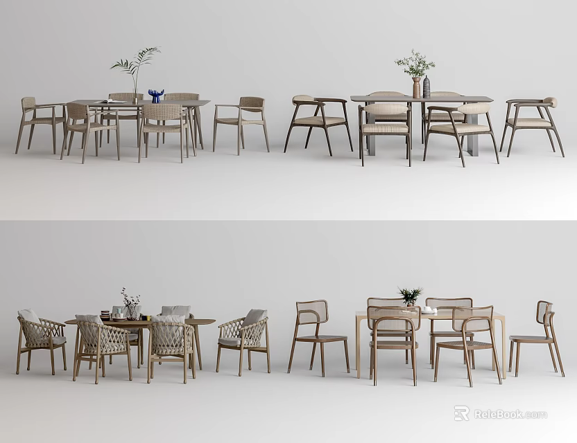 Modern Dining Table Set With Light Wood Chairs And Small Decorative Plants 3d model