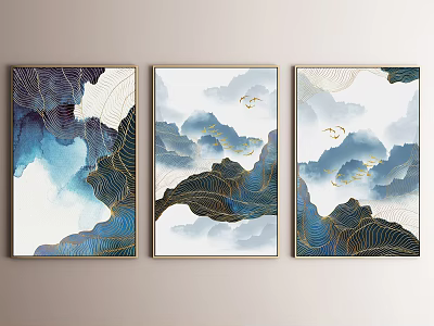 Blue And Gold Chinese Landscape Painting With Misty Mountains And Flying Birds 3d model