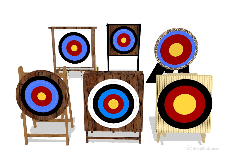 Durable Archery Targets With Wooden Stands And Colorful Bullseye Rings For Training 3d model 
