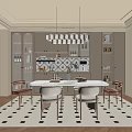 Elegant Restaurant Interior With White Dining Table Mixed Chairs Pendant Light And Geometric Rug 3d model