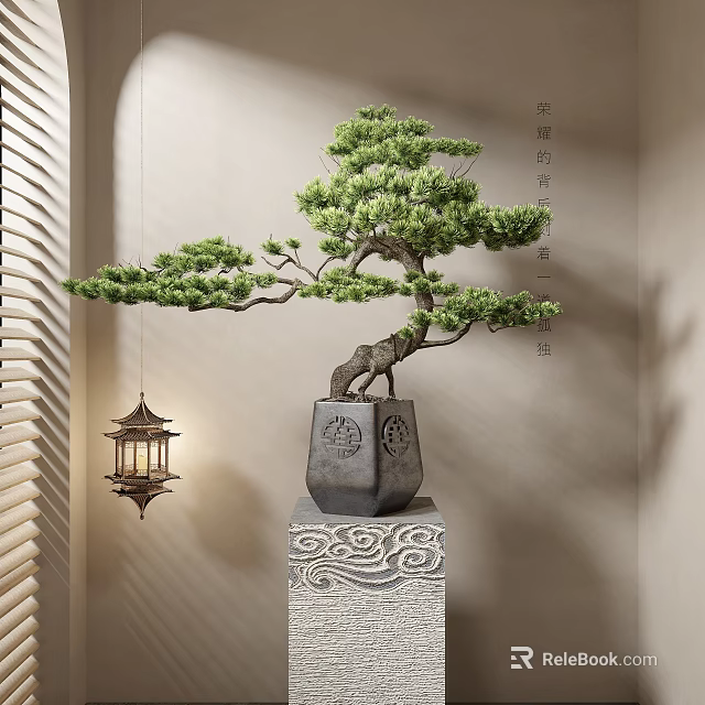 Pine Bonsai In Carved Gray Pot On Stone Base With Chinese Lantern Hanging Elegant Interior 3d model 