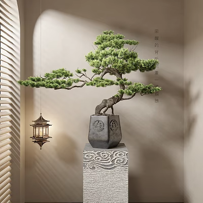 Pine Bonsai In Carved Gray Pot On Stone Base With Chinese Lantern Hanging Elegant Interior 3d model