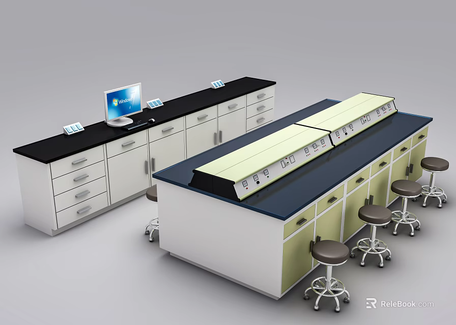 Modern Laboratory Functional Workbench With Sturdy Countertops Cabinets Drawers And Stools 3d model
