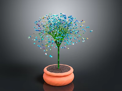Decorative Potted Plant With Orange Pot And Blue Colorful Small Flowers 3d model