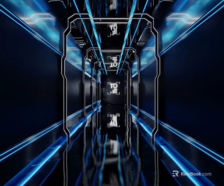 Futuristic Bar Corridor With Neon Lights Metallic Frames And Reflective Shiny Floor 3d model 