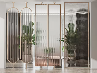 Modern Room Dividers With Metal Frames Glass Panels And Green Plants 3d model