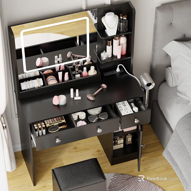 Modern Black Vanity Table Interior With Lighted Mirror Cosmetics Drawers And Hairdryer 3d model 