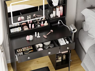 Modern Black Vanity Table Interior With Lighted Mirror Cosmetics Drawers And Hairdryer 3d model