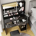 Modern Black Vanity Table Interior With Lighted Mirror Cosmetics Drawers And Hairdryer