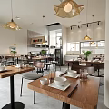 Modern Restaurant Interior With Dining Tables Chairs Pendant Lights And Open Kitchen