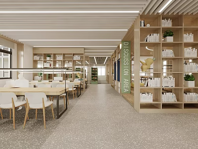 Artistic Book Library Interior With Wooden Bookshelves Discussion Area Tables Chairs And Plants 3d model