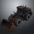 Rusty Industrial Loader With Large Bucket And Big Tires On Dark Background