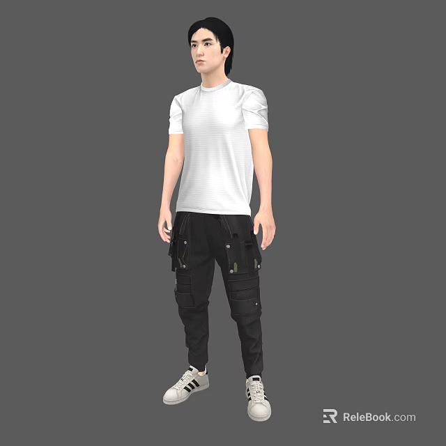A Man Wearing White Short-Sleeve T-Shirt Black Cargo Pants and White Sneakers Against Gray Background 3d model 