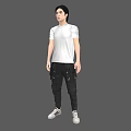 A Man Wearing White Short-Sleeve T-Shirt Black Cargo Pants and White Sneakers Against Gray Background