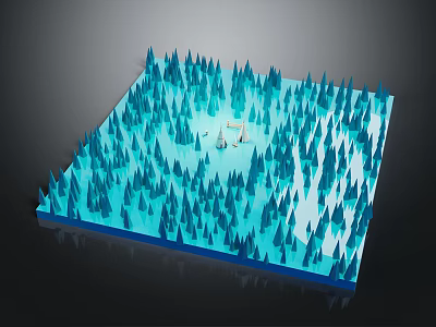 Cartoon Scene With Blue Pointed Trees And Small White Building On Square Platform 3d model