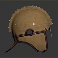 Ancient Bronze Battle Weapon Helmet with Rivets Decorative Lines and Metal Details