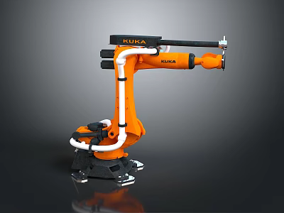 KUKA Industrial Robot Arm With Orange Black Body And White Pipes Structure 3d model