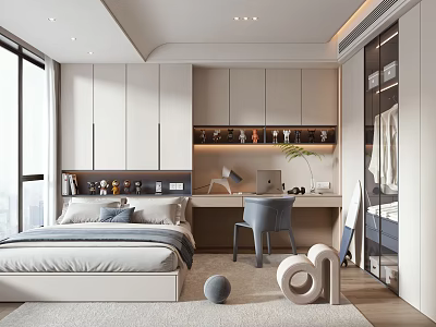 Modern Tatami Bedroom Interior Design With Storage Desk Wardrobe And Large Window 3d model