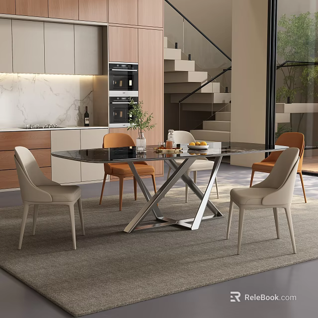 Modern Dining Room Featuring Black Glass Table Metal Base Beige Orange Chairs And Marble Countertop 3d model 