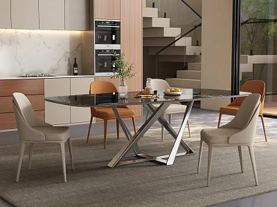 Modern Dining Room Featuring Black Glass Table Metal Base Beige Orange Chairs And Marble Countertop 3d model