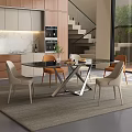 Modern Dining Room Featuring Black Glass Table Metal Base Beige Orange Chairs And Marble Countertop