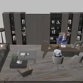 Modern Office Desk Workspace With Two People Working Computer Bookshelf Sofa And Plant