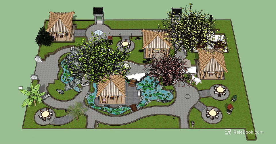 Serene Garden Courtyard with Multiple Wooden Pavilions Decorative Pond Lush Trees and Winding Paths 3d model 
