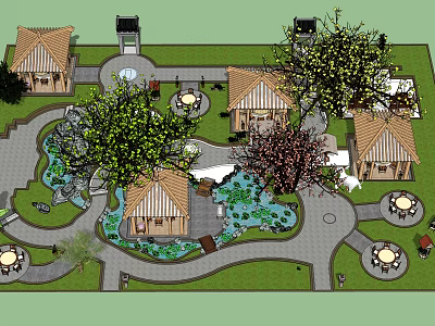 Serene Garden Courtyard with Multiple Wooden Pavilions Decorative Pond Lush Trees and Winding Paths 3d model