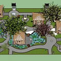 Serene Garden Courtyard with Multiple Wooden Pavilions Decorative Pond Lush Trees and Winding Paths