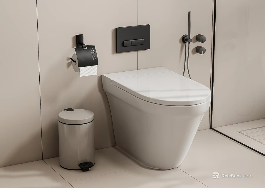 Modern Wall Mounted White Toilet In Bathroom With Trash Can And Toilet Paper Holder 3d model 
