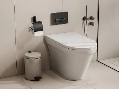 Modern Wall Mounted White Toilet In Bathroom With Trash Can And Toilet Paper Holder 3d model