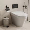 Modern Wall Mounted White Toilet In Bathroom With Trash Can And Toilet Paper Holder