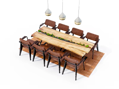 Wooden Dining Table Set With Chairs Hanging Pendant Lights And Green Plant Decoration On Rug 3d model