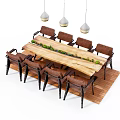 Wooden Dining Table Set With Chairs Hanging Pendant Lights And Green Plant Decoration On Rug