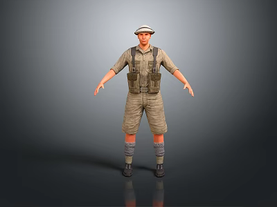 Man in Overalls Shorts and Cap with Long Socks Standing Arms Outstretched Against Gray Background 3d model