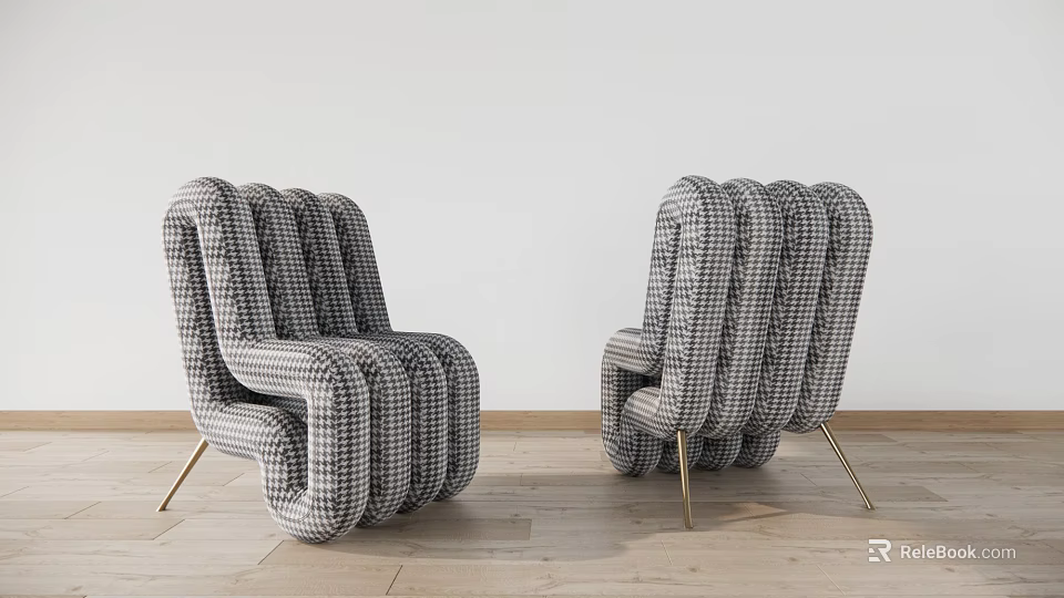 Modern Luxury Single Sofa with Houndstooth Pattern and Metal Legs 3d model 