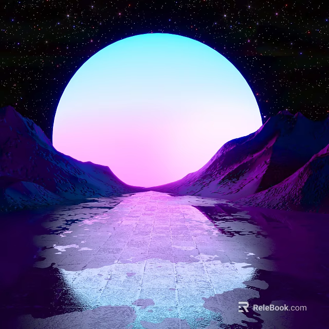 Starry Sky With Large Colorful Moon Over Mountains Stone Path Puddles Purple Pink Tones 3d model 
