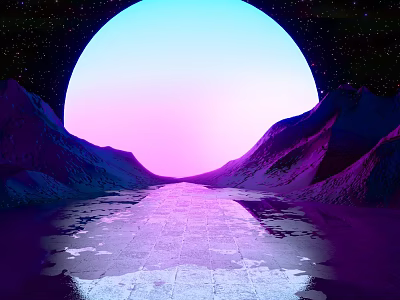 Starry Sky With Large Colorful Moon Over Mountains Stone Path Puddles Purple Pink Tones 3d model