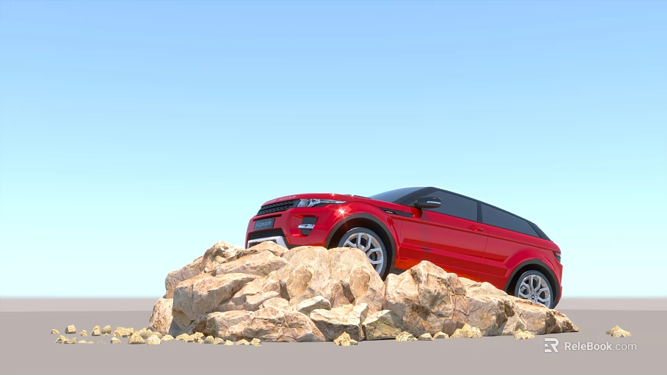 Red Range Rover SUV Standing On Rugged Rock Pile Under Clear Blue Sky 3d model 